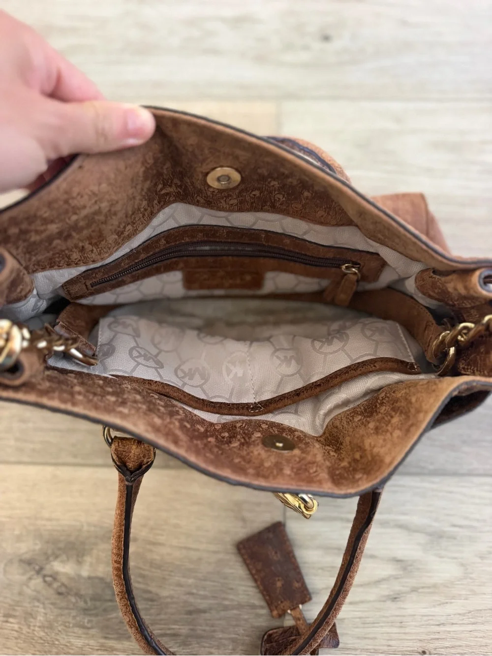 Michael Kors Chestnut Ostrich-Texture Satchel with Gold Hardware
